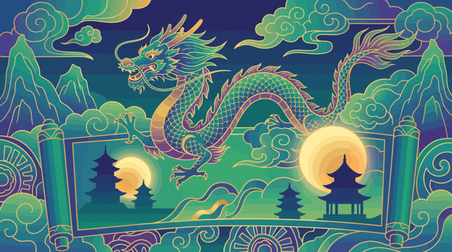 Vibrant dragon in mystical landscape scene.