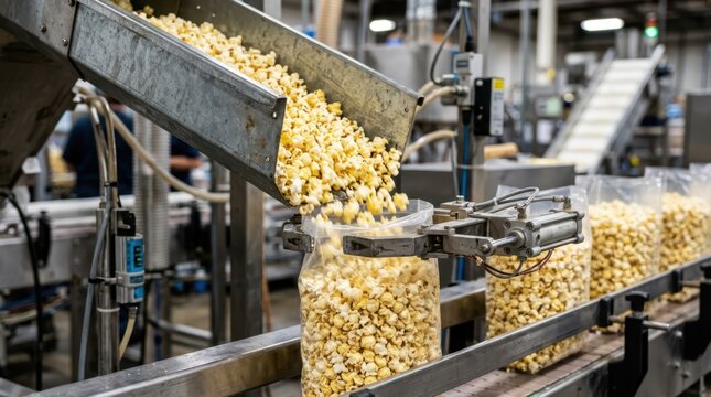 Popcorn being poured into plastic bags on an automated factory packaging line