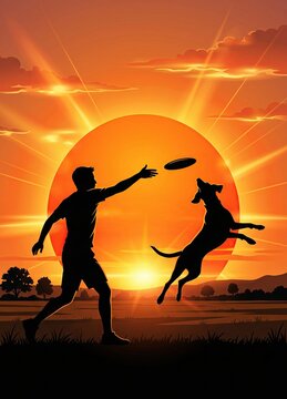 Generated AI set photos man throws a frisbee to his loyal dog jumping against a dramatic sunset background