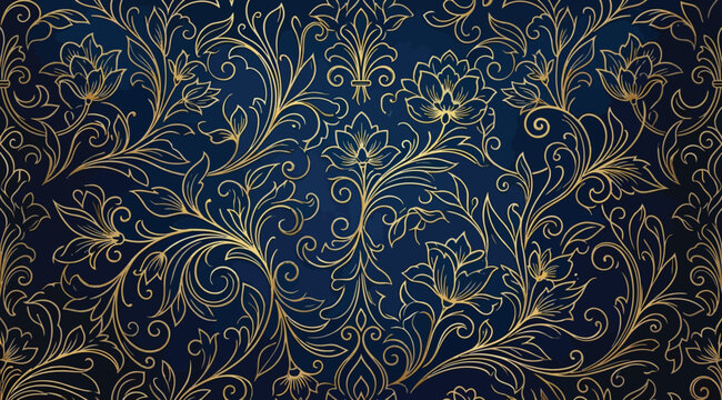 Elegant gold floral damask pattern on a dark blue background, sophisticated luxury wallpaper design