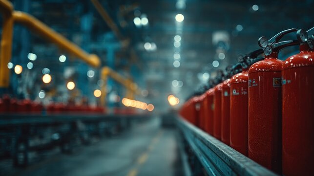 Row of red fire extinguishers on an industrial factory production line with blurred warehouse background.