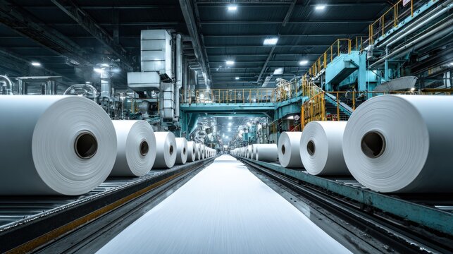 Row of paper rolls in a high-tech automated paper manufacturing factory.