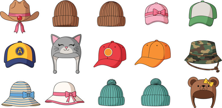 Cute and Diverse Headwear Icon Collection Featuring Baseball Caps, Beanies, Sun Hats, and Animal Winter Hats Vector Illustration for Fashion Designs
