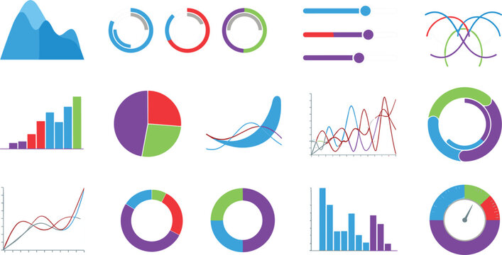 Business Infographic Chart and Graph Vector Element Set with Pie Charts, Bar Graphs, Donut Diagrams, and Line Charts for Financial Report Presentations