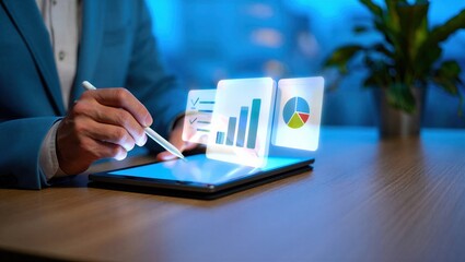 Fototapeta premium Business professional reviewing and approving digital documents on tablet and laptop with checklist interface. Concept of workflow approval, compliance, audit, e-signature, and business analytics.