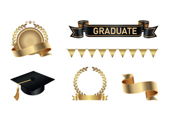 Set of elegant graduation ceremony vector icons. The collection features a black mortarboard hat with a gold tassel, golden laurel wreaths, banners, a "GRADUATE" ribbon, and a triangular bunting garla © z_olga_art