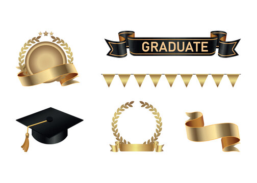 Set of elegant graduation ceremony vector icons. The collection features a black mortarboard hat with a gold tassel, golden laurel wreaths, banners, a "GRADUATE" ribbon, and a triangular bunting garla