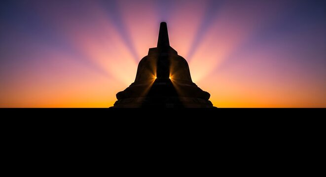 Dramatic silhouette of a majestic ancient Buddhist temple at sunrise, with vibrant sun rays radiating from behind its iconic stupa against a colorful sky.