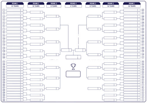 32 team single elimination soccer tournament bracket with rounds for winners and losers