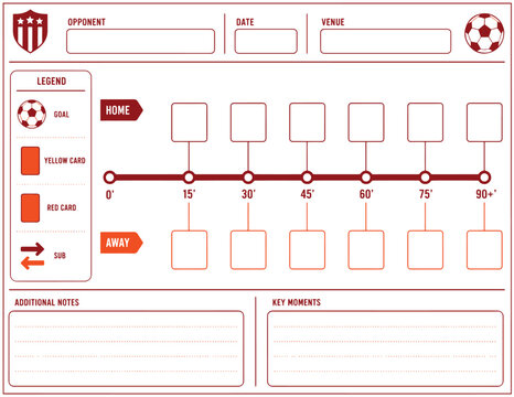 Football soccer match day record sheet opponent date venue game tracking template sport statistics