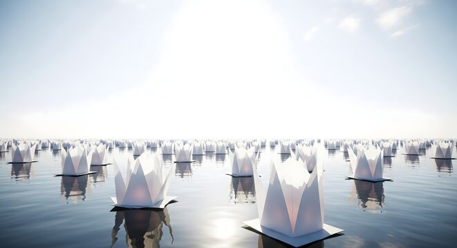 Numerous white floating lanterns illuminate the calm water under a bright sky, symbolizing peace, hope, and spiritual reflection.