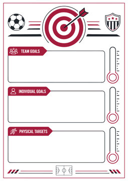 Soccer goal setting worksheet with team targets individual objectives and physical performance meters