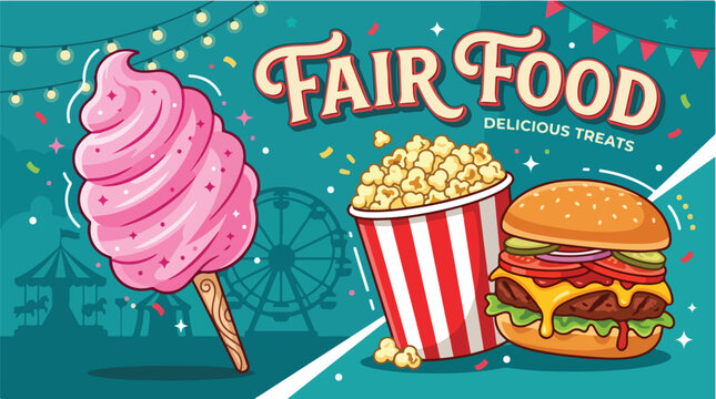 Colorful fair food treats including a pink cotton candy ice cream cone, popcorn, and a cheeseburger on a vibrant