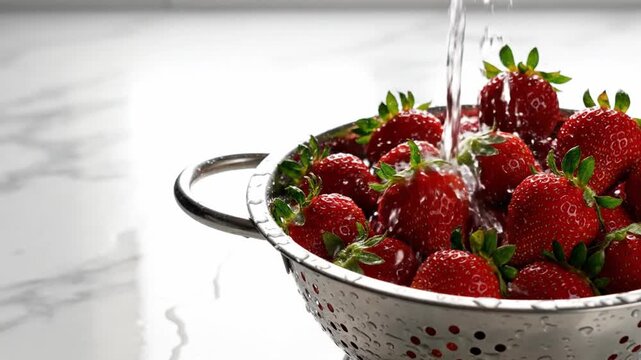 Fresh strawberries in colander being rinsed with water over marble countertop surface