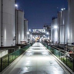 Obraz premium A nighttime view of an industrial area with large storage tanks