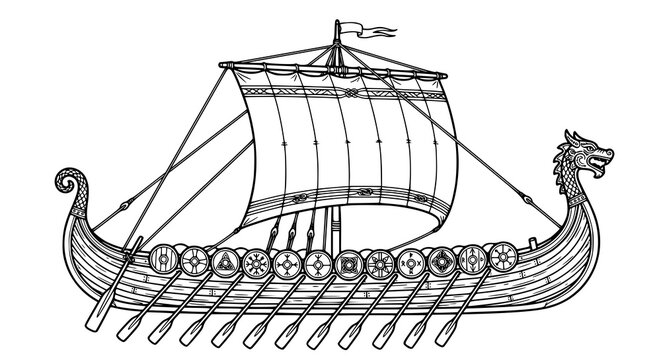 Scandinavian Viking warship longship coloring page vector illustration