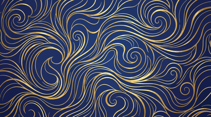Fototapeta premium Abstract golden wave pattern on vibrant blue background, flowing luxury lines