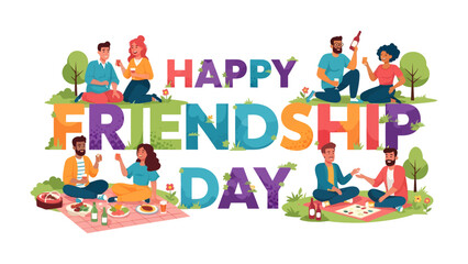 Obraz premium Happy Friendship Day Celebration: Diverse group of friends enjoying a picnic outdoors to celebrate friendship day with big colorful text.