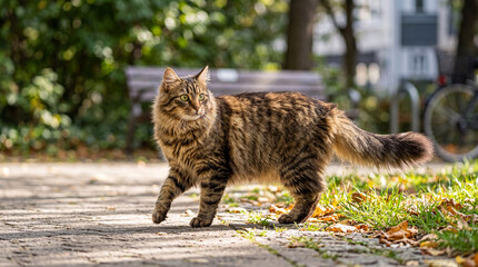 Elegant long-haired domestic tabby cat, possibly a Maine Coon, walking on a paved autumn path, bathed in warm sunlight. © Nicholas