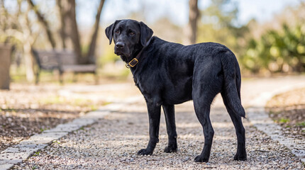 A sleek black labrador dog stands majestically on a paved path in a beautiful outdoor park. © Nicholas