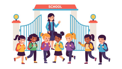 First Day at School: A smiling teacher welcomes a diverse group of cheerful children, each carrying a backpack, as they enter the school gates on their first day. © Hasib