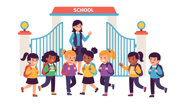 First Day at School: A smiling teacher welcomes a diverse group of cheerful children, each carrying a backpack, as they enter the school gates on their first day.