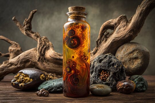 A mystical alchemical potion bottle filled with swirling fire, surrounded by ancient driftwood and earthy rocks.