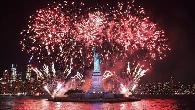 Fireworks exploding over the statue of liberty on a summer evening in new york city with a city skyline