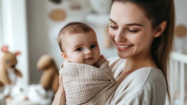 selective focus parent wrapping infant in soft swaddle in bright airy nursery with white walls and natural light