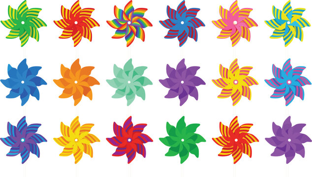 Multi Blade Spiral Pinwheels Vector Set Featuring Colorful Striped and Patterned Wind Spinners for Festive Summer Backdrops and Creative Paper Craft Projects