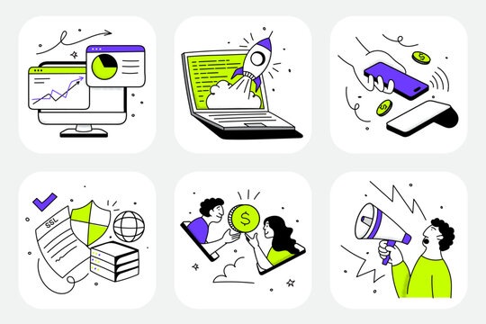 A clean and modern set of 6 wobbly style fintech illustrations designed for mobile apps, dashboards, and financial products. The pack covers essential finance use cases like payments, analytics, money