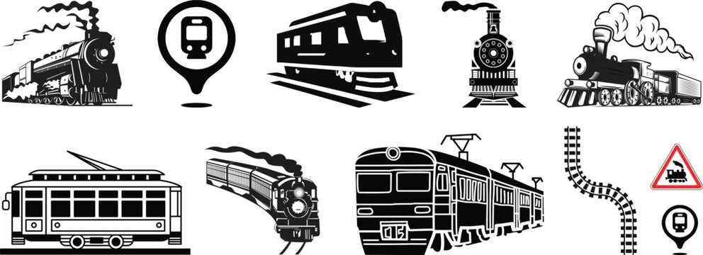 Railway tracks and switches or turnouts of the main railway station set, Straight and curved railway train track icons. Top view railroad train paths. on transparent background, used for railway lines