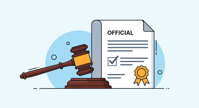 Official law and justice concept featuring a wooden judge gavel next to a certified document with a checkmark and seal.