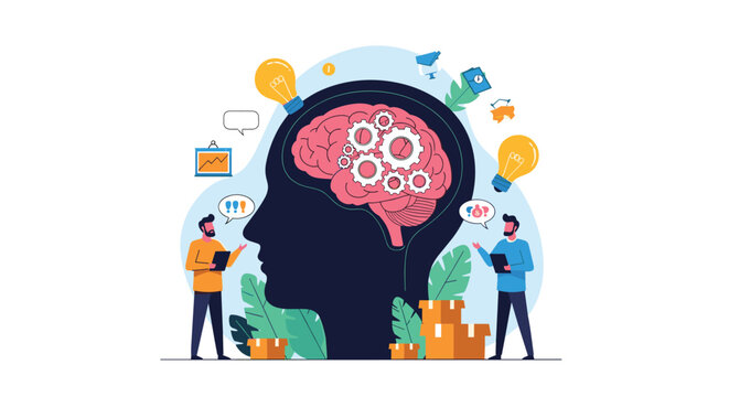 Creative brainstorming and mental logic concept with gears inside a brain silhouette and people sharing innovative ideas.