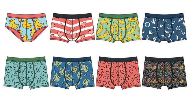 Collection of colorful men boxer briefs featuring various fun patterns like ducks hearts bananas and tropical leaves for fashion.