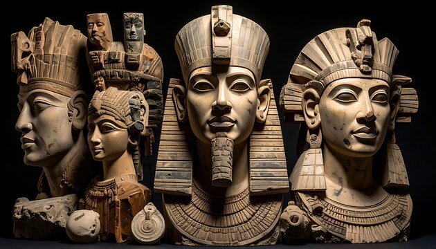 A collection of ancient Egyptian busts on a black background