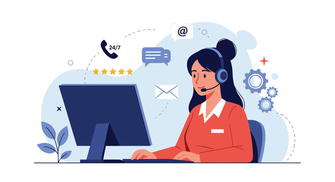Professional female customer support agent wearing a headset and working at her computer to help clients online.