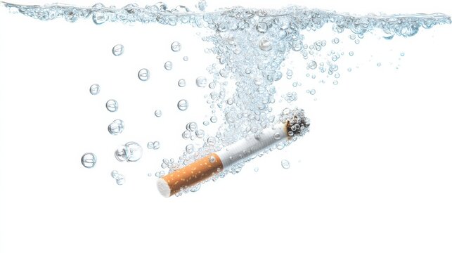 No Tobacco Day 2026 A burning cigarette submerged in water, releasing smoke and bubbles upward in a white background.