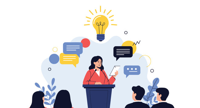 Female public speaker giving a presentation at a podium with creative ideas and thought bubbles for business innovation.