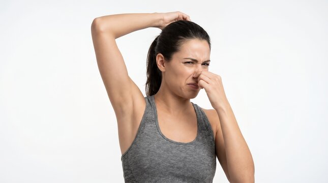 Disgusted Young Woman Pinches Nose From Bad Smell on White Background