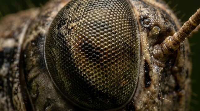 Close-up of a fly's compound eye with a twig on its head in a dark, textured background.