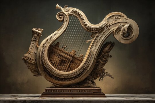 An ornate, classical wooden sculpture fusing a majestic harp with intricate architectural elements, set in a moody atmosphere.