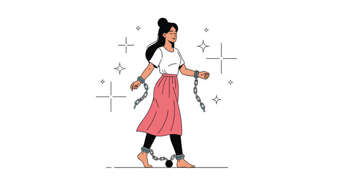 Freedom and empowerment concept showing a determined woman walking and breaking the heavy chains from her hands and feet.