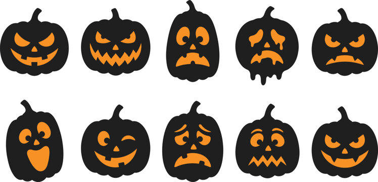 Collection of various halloween pumpkin faces with different expressions isolated on white background