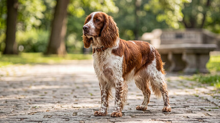 A beautiful Welsh Springer Spaniel dog stands alert on a paved park path, gazing intently ahead on a sunny day. © Sarah