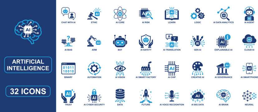Artificial Intelligence and Machine Learning Solid Icon Set Featuring Gen AI, Neural Network, Automation, AI Brain, Data Analytics and Future Technology Vector Collection