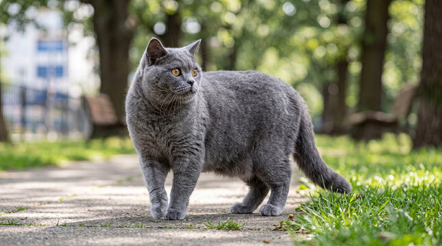 Charming British Shorthair cat standing alertly on a sunlit paved path in a serene urban park setting.