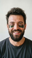 Fototapeta premium Close-up portrait of a happy, brutal young man with a thick beard wearing cosmetic under-eye patches, smiling at the camera. Clean skincare and self-care concept for men