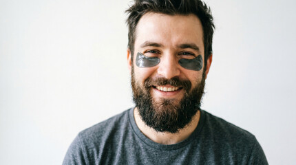 Obraz premium Close-up portrait of a happy, brutal young man with a thick beard wearing cosmetic under-eye patches, smiling at the camera. Clean skincare and self-care concept for men