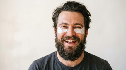 Obraz premium Close-up portrait of a happy, brutal young man with a thick beard wearing cosmetic under-eye patches, smiling at the camera. Clean skincare and self-care concept for men
